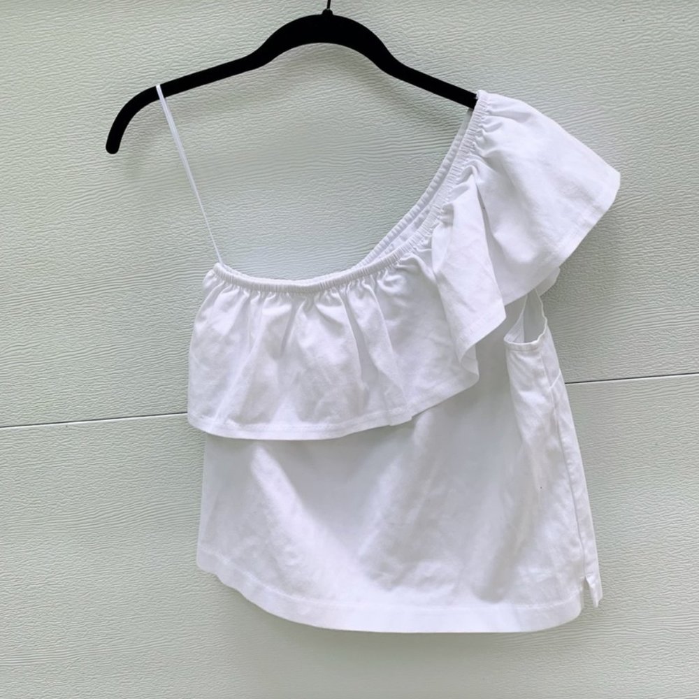 J.Crew White One Shoulder Structured Ruffle Top Size XXS